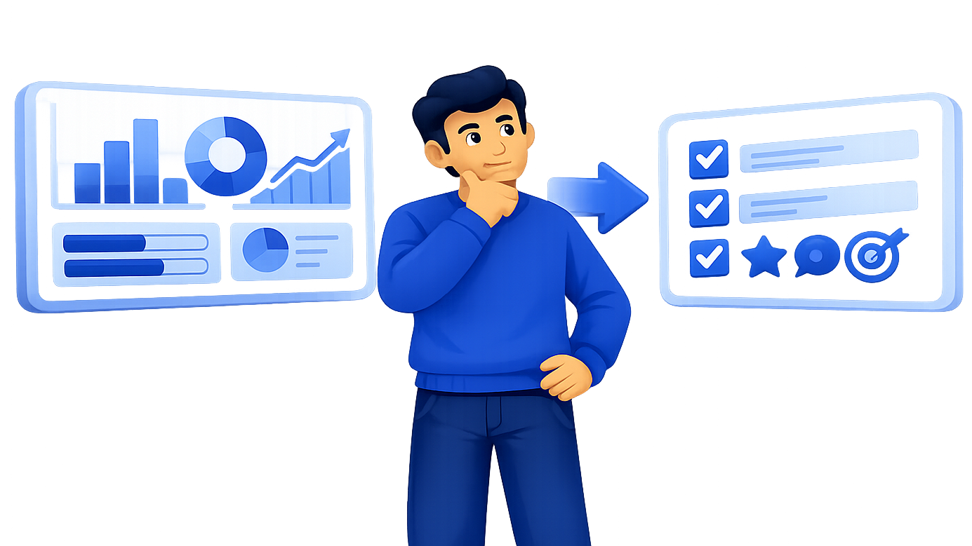 Illustration: Auswertung mit Charts, Trends und Empfehlungen.